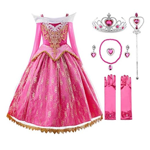 JerrisApparel Niña Princesa Cordón Vestir Rosa Bella Cosplay Fiesta (4 años, Rosa con Accesorios)