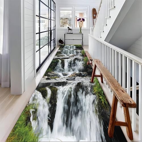 Optical Illusion Runner Hallway Rug, 2.6x7ft 3D Optical Illusion Waterfall Stone Living Room Corridor Carpet, Mountain and River Carpet, Suitable for Bedroom Living Room Bedside Carpet Mat