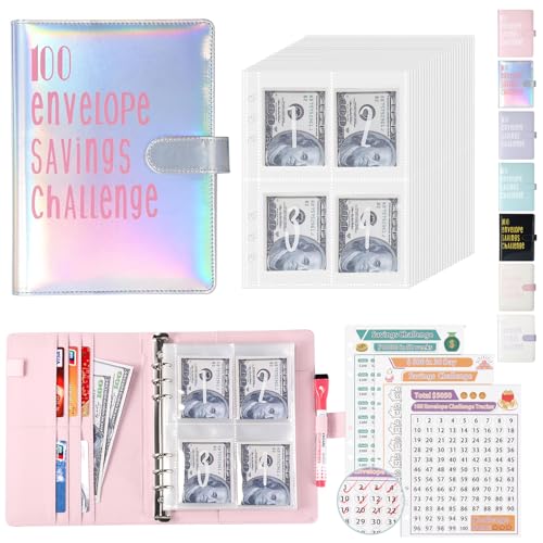 ONEDONE 100 Envelopes Money Saving Challenge Binder A5 Savings Challenges Book with Cash Envelopes and Erasable Marker for Cash Saving Money Saving Bi
