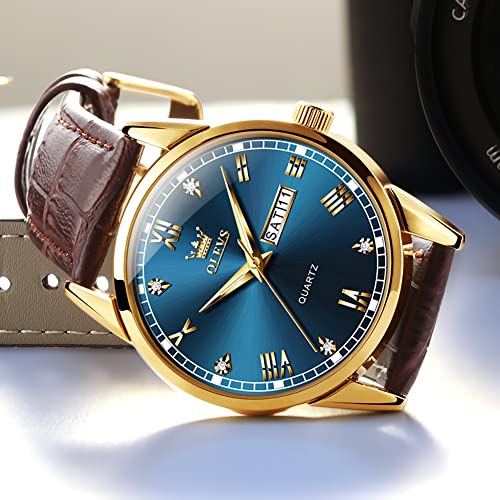 Image of OLEVS Amazon Watches,Brown Leather Watch for Men,Men Day Date Watch,Men's Luminous Watch,Dress Watch for Men,Rose Gold Watch for Men,Men's Fashion Quartz Watch,Waterproof Brown Man Watches, Brown