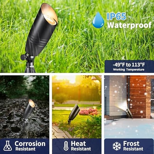 Landscape Spotlights Low Voltage - Brass 12V Outdoor Uplight LED, Wired Spot Lights IP65 Waterproof, Black for Exterior Garden Yard Tree House with 5W 2700K Warm White MR16 Bulb