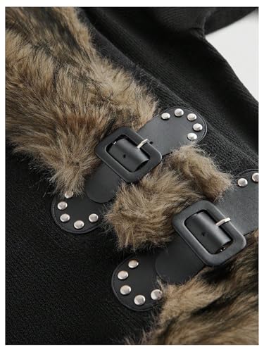 WDIRARA Women's Faux Fur Long Sleeve Cardigan Hippie Punk Buckle Knit Outerwear3