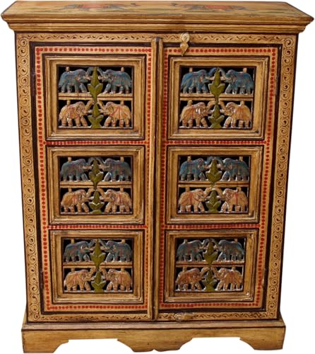 Guru-Shop Mobile Elefante Dipinto, Armadio Laterale, Cassettiera con Intaglio - Modello 2, Giallo, 96x78x33 cm, Piccoli Armadi
