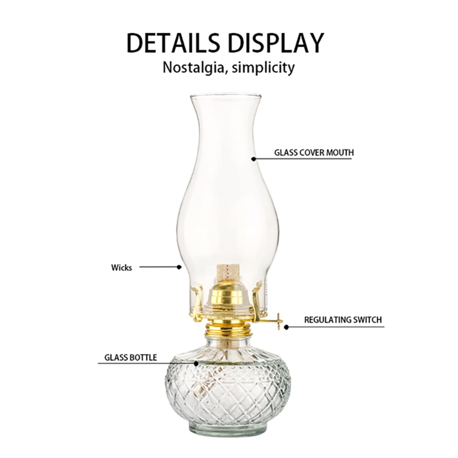 amanigo Lámpara de Aceite Grande for Interiores - Lámpara de parafina Antigua Lámpara de Aceite de Vidrio Transparente con Chimenea de Vidrio Lámpara de Queroseno de Escritorio Aceite for Cocina
