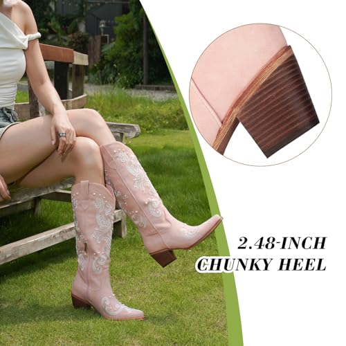 Image of Cowboy Boots for Women Pearl Embroidered Cowgirl Boots Western Chunky Heel Mid Calf Boot with Zipper