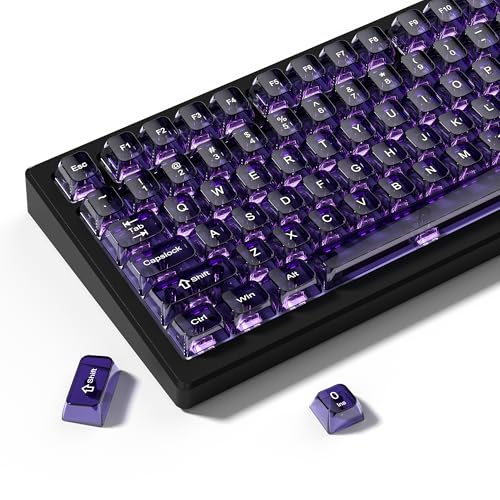 パープルクリアキーキャップ、透明キーキャップセット、MDAプロファイル、MXスイッチ対応メカニカルキーボード用、115キー、光を通すクリスタルキーキャップ、セラミックスタイル (パープル)