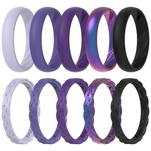 ThunderFit Silicone Rings for Her - Mix Women's Silicone Wedding Rings, 1.8mm Thick Rubber Engagement Rings Braided & 4mm Classic Rings Combo