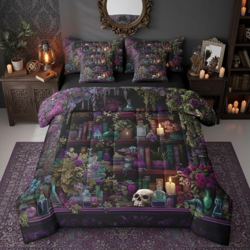 Erosebridal Gothic Skull 7 Piece Bedding Set Queen Vintage Witchy Comforter Set with Sheets Spooky Magic Bookshelf Bed in a Bag Black Retro Wizard Mysterious Cool Bed Sets Comforter