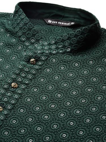 Image of See Designs Men's Long Sleeve Side Slit Embroidered Sequined Rayon Mandarin Collar Kurta