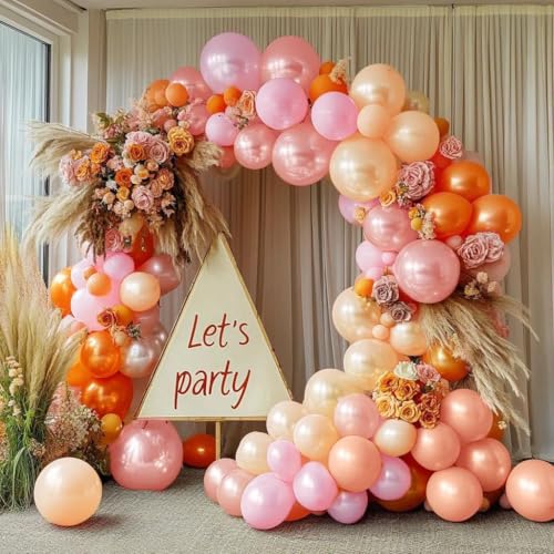 Image of Pink Orange Balloons Double Stuffed Pearl Balloon Arch Latex Rose Light Pink Nude Balloon Garland for Birthday Baby Shower Wildflower Wedding Bridal Shower Warmful Home Party Decoration