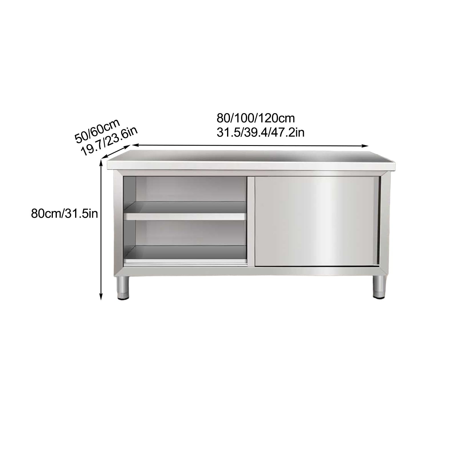 Mesa de cocina de acero inoxidable con puertas correderas, mesa de trabajo multifuncional para uso doméstico y comercial