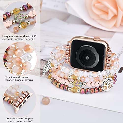 Image of MOFREE Beaded Bracelet Compatible with Apple Watch Band 38mm /40mm /41mm /42mm, Fashion Elastic Stretch Women Bands for iWatch Series 11 /10 /9 /8 /7 /SE /6 /5 /4 /3 /2 /1 iPhone Watch Strap Bands Rose Gold /Crystal