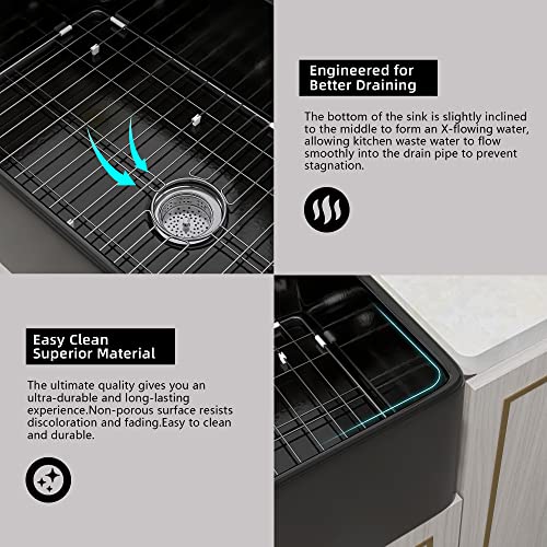 Miuara Black Farmhouse Sink 30 Inch Fireclay Farmhouse Sink Apron Sink Single Bowl Farmhouse Kitchen Sink Undermount Farm Sink Black 30X18X10 With Custom Bottom Grid & Kitchen Sink Strainer #TOP7
