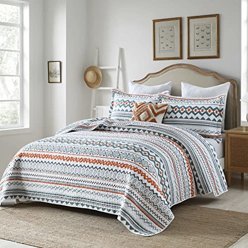 Perhom Quilts Queen Size - 100% Cotton Bohemian Queen Quilt Set, Aztec Queen Quilt Bedding Set Bedspreads, Boho Reversible Lightweight Striped Quilts For All Seasons, Turquoise/Tangerine, 3-Pieces #TOP8
