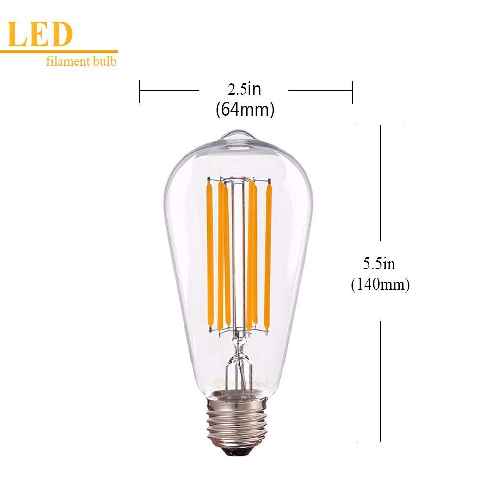 1fortunate Lights, Paquete de 20 Bombillas LED de filamento Largo ST64 E27 6W AC220V Fuente de luz de lámpara de Mesa Edison de Vidrio Transparente Amarillo cálido