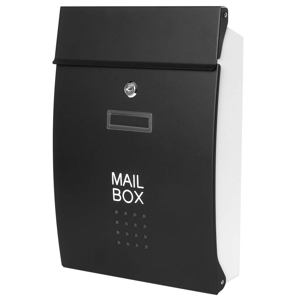Jssmst Locking Mailbox Wall Mount – Waterproof Mail Boxes with Key Lock Large Capacity, 15.2 x 10.1 x 3.3 Inch, SM-HPB005 Black