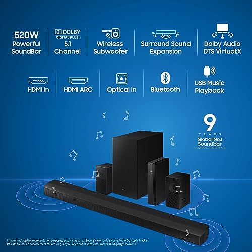 Image of Samsung Soundbar (HW-B67E /XL) 5.1 Channel, Wireless Subwoofer, 1x Wireless Rear Speaker, 1x Center Speaker and Energy Star, Dolby 5.1ch & DTS Virtual X Experience Sound (Black)