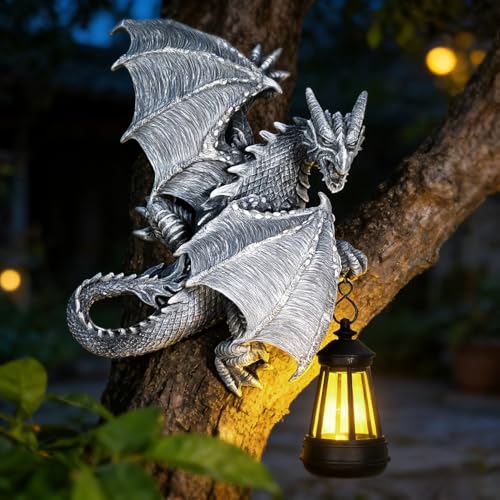 Dragon Tree Hugger Solar Garden Statue Outdoor Figurine Decor Lights