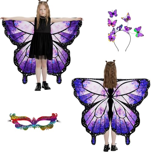 plainshe Halloween Costumes for Kids, Double Sided Butterfly Wings, Fairy Wings for Girls Purple, 3PCS Butterfly Costumes Set.