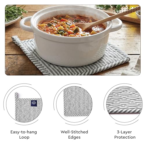 Image of Encasa XO Heat Resistant 100% Cotton Oven Glove & Potholder Set with Loop, Kitchen Cooking Mittens, Microwave Safe Hot Pads (Ticking Black)