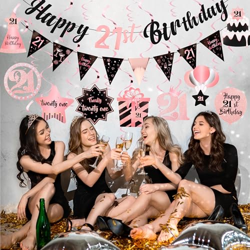 Image of 21st Birthday Decorations Pre Assembled Rose Gold 21st Birthday Decorations for Her Banner Hanging Swirls for Girls Party Supplies