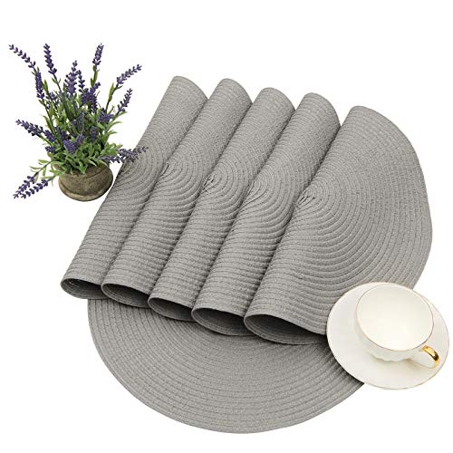 Image of SHACOS Round Braided Placemats Set of 6 Thick Fabric Circle Grey Place Mats Woven Table Mats for Dining Tables 15 inch (Gray, 6)