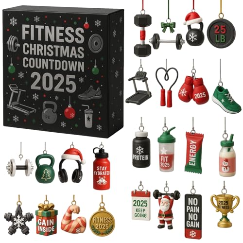 Fitnessstudio-Adventskalender 2025, 24 Tage Fitness-Weihnachtsschmuck-Countdown-Kalender Mit 2D-Acryl-Anhänger, Advent, Sport, Fitness, Für Autofenster, Feiern, Winterferien, Partys (A)