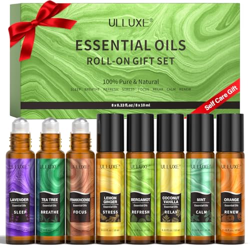 Essential Oils Roll On Set (Pack of 8) 8 Scent Relaxing Self Care Gifts for Women Essential Oil Roller Set Natural Aromatherapy Roll Oil Blends for Skin Birthday Gifts for Wife Mom & Girlfriend