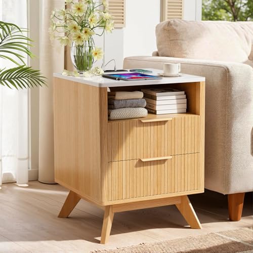 Image of Nebuaegis Nightstand,Side Table with Charging Station,Bedside Tables with Drawer,Mid-Century End Tables Set (1-Piece),Natural Oak