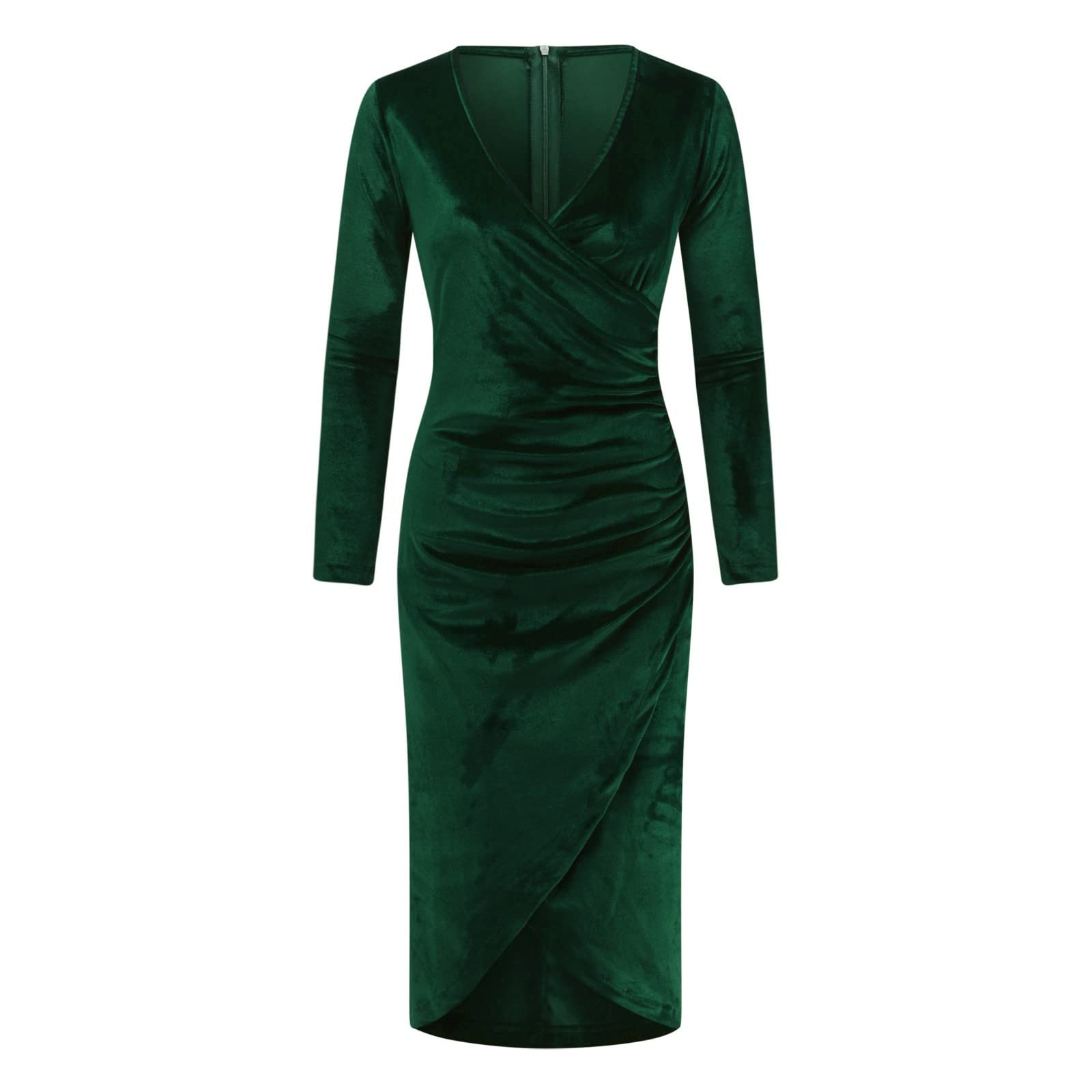 Generisch Robe sexy à manches longues en velours pour femme - Couleur unie - Robe à la taille - Vêtement formel