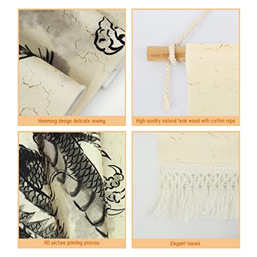 Hanging Poster Canvas Wall Art Painting Of Chinese Dragon Tapestry Ink And Watercolor | Mythology Effect Wall Tapestry With 2 Tassels And Wooden Hanging Rod Wall Tapestry Decoration For Traditional Chinese Culture Room Decor (Dragon-Inkstyle) #TOP1