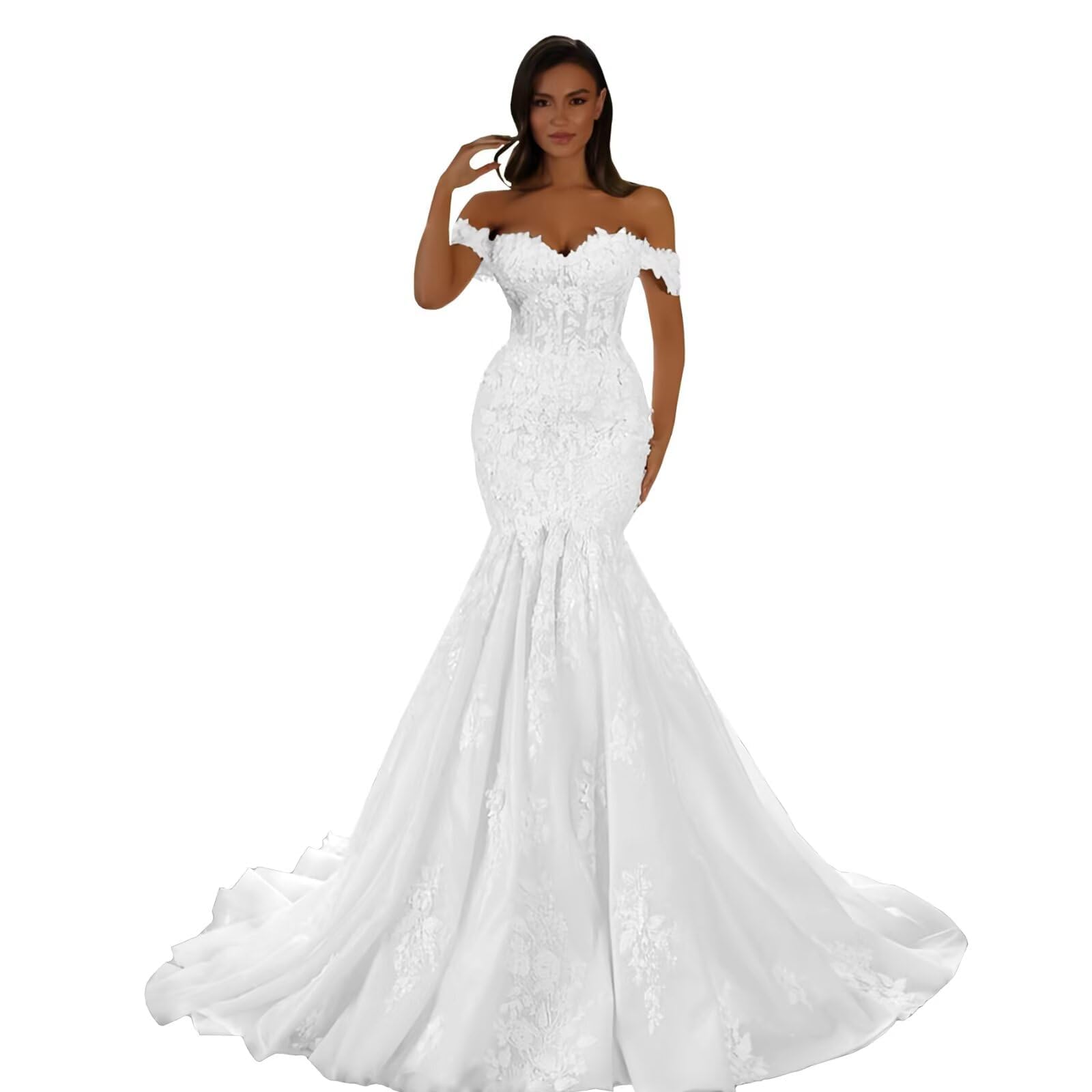 HUINI Off-Shoulder Tüll Hochzeitskleider für die Braut Meerjungfrau Spitzenapplikationen Strand Brautkleider mit Schleppe