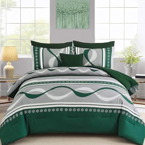 Dark Green Comforter Set Full Size,8 Pieces Striped Bed in
