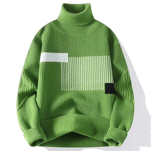 Men High Neck Patchwork Knit Sweater Loose Casual Pullover Winter Korean Style Warm Jumper4