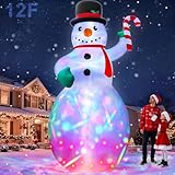 12 Ft by 6 Ft Giant Christmas Inflatables Snowman Outdoor Decorations, Blow Up Snowman Holds Candy Cane Built-in Rotating Colorful Lights Christmas Decorations Outdoor Yard Lawn Garden Holiday Party