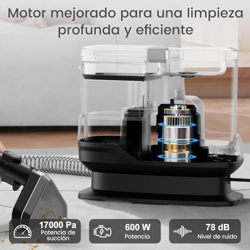 Kitcanis Aspiradora de Agua Tapiceria - 17KPa 600W 78dB Limpiador de Tapicerias con 4 Boquillas Cepillo 2 Depósitos para Manchas, Alfombras, Sofás, Tapicería, Escaleras, Coche - imagen 3