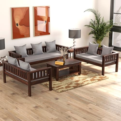Image of Sheesham Wood 7 Seater Low Height Sofa Set for Living Room Wooden Sofa Set for Living Room Furniture | Grey Cushion (3+2+2 Walnut Finish)