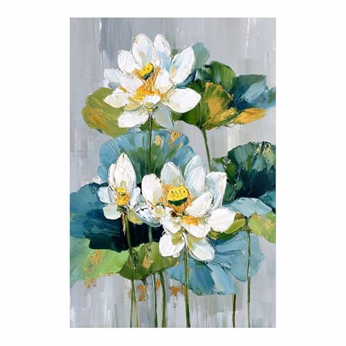 XENIOU DecoracióN Floral De La Pared, Lienzos Cuadros Loto blanco con detalles dorados Moderno Impresión Sobre Lienzo Póster Para Salón Dormitorio Restaurante Decoración Mural（Azul-40x60cm Sin marco