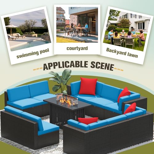 Image of Greesum Patio Furniture Sets 11-Pieces Outdoor PE Rattan Sectional Sofa w /43in Gas Fire Pit Table 55000 BTU Add Warmth to Gatherings Parties On Deck Garden Backyard,Blue