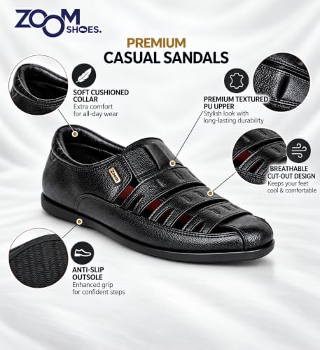 Image of Zoom Shoes A10337 Men's Genuine Leather Slip-On Sandals With Adjustable Ultra Soft & Flexibility Anti Skid Comfortable Daily Sandals for Men