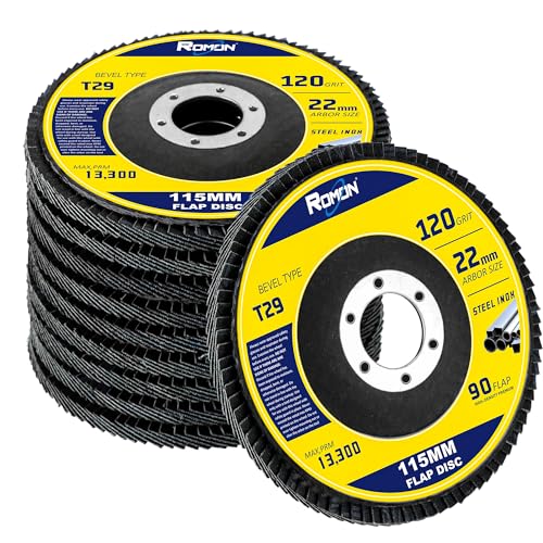 ROMON Flap Discs 4 1/2 Inch for Anger Grinder, 10 PCS 120 Grit Zirconia Grinder Sanding Disc, Industrial Grade Type 29 Abrasive Grinding Wheel for Stainless Steel, Sheet Metal (7/8 inch Arbor Size)