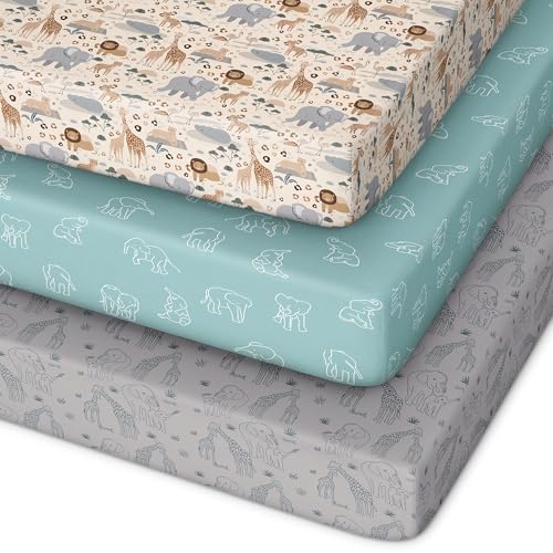 Image of Unnivoll Pack and Play Sheets Fitted 3 Pack, Mini Crib Sheets for Pack N Play Mattress Stretchy Portable Playard Sheets, Soft Breathable Elephant