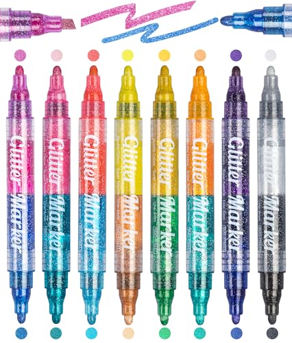 ANYUKE グリッターマーカー 16色 メタリックマーカー スパークルペン 大人 子供 アート&クラフト用品 ロックペインティング 木製 スクラップブック バースデーカード デュアルチップ グリッターアクリルペイントペン 8本セット