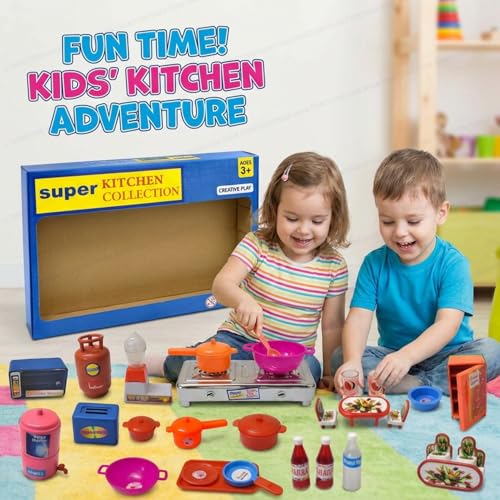 Image of SHAKTISM Super Kitchen 36 Pcs Mini Utensils & Plastic Non-Toxic Indian Kitchen Set for Kids | Stainless Steel Role Play Kitchen Toys with Chakla Belan | Pretend Play Master Chef Kitchen Set