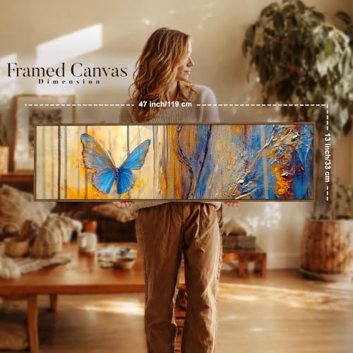 Image of Large Canvas Painting Panel Framed Wall Painting Abstract Blue Butterfly Framed Luxury Paintings for Home Decoration, Living room, Bedroom and Office Decoration - Blue, 13x47 Inch