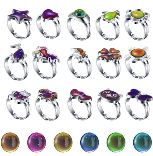 15 Pieces Mood Rings Adjustable Mixed Color Changing Mood Rings Costume Props Birthday Valentine's Day Gifts Party Favors and Goodie Bag Fillers
