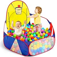 Eocolz Bällebad für Kinder, großes Pop-Up-Ballgäbe für Kleinkinder, Spielhaus, Baby-Laufstall, mit Basketballkorb und Aufbewahrungstasche mit Reißverschluss, 120 cm (Blau & rot & gelb)