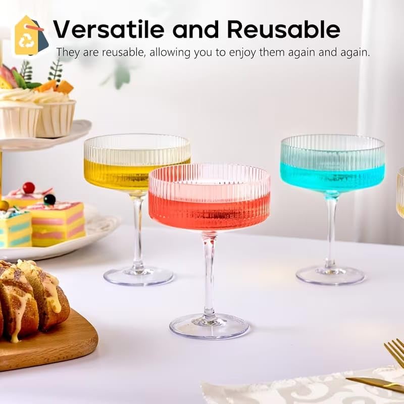 Image of PrimeWorld Ribbed Coupe Glasses Set of 4 - 340ml Vintage Cocktail & Martini Glassware | Elegant Ribbed Wine Glasses for Bar, Home, Parties & Gifting