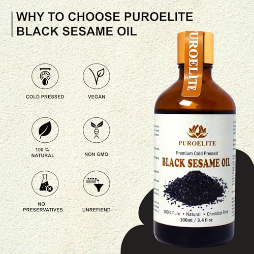 Image of Puroelite Cold Pressed Black Sesame Seed Oil | 100 ml Each (Pack of 2, 200 ml Total) | 100% Pure & Natural | For Face, Hair & Body Care | Glass Bottle with Dropper