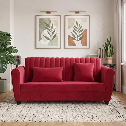 Image of Velvet 2 Seater Sofa, Chesterfield Tufted Sofa with Nailhead Trim, Rolled Arm Sofa with Wood Legs for Living Room & Office | RED